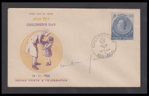 1964 Children's Day FDC with autograph of "Indira Gandhi", Ex- Prime Minister of India on 