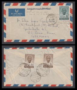 1948 Air mail cover bearing Mahatma Gandhi 12a on front and 1 1/2a x2 at the back to Germa