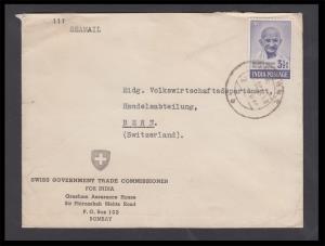 1948 cover bearing Mahatma Gandhi 3 1/2a to Switzerland from Bombay, sender Swiss Governme