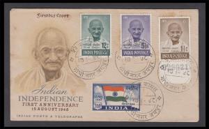 1948, Mahatma Gandhi First Day Cover Envelope bearing 3 values, SG 305-07, 1 1/2 a with co