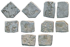 Punch Marked Coinage, Mauryun Period, Silver Karshapana (5), various symbol including sun,