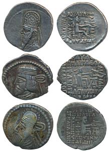 Parthian Empire, Sinatruces (77-70 BC), Vardanes I (40-45 AD), Silver Drachm (3), obv. bea