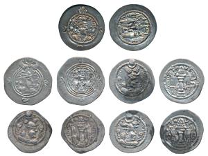 Sassanian Empire, Silver Drachm (5), Khusro II, Mithradates II and Peroz, obv. crowned bus