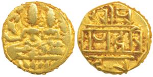 Vijaynagar Empire, Hari Hara II, Gold ½ Pagoda, 1.66g, obv. Shiva-Parvati seated, Siva hol