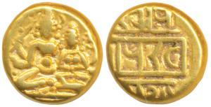 Vijayanagar Empire, Devaraya I, Gold Pagoda, 3.38g, Shiva-Parvati seated, Siva holding ant