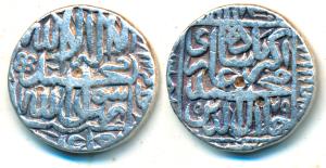 Akbar, Silver Rupee, mint name off flan, stylization that of Agra Mint, Kalima type, AH 97