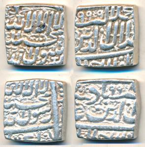 Akbar, Silver Square Rupee, Ahmedabad Mint, Kalima type, AH 998 and 999 (KM 82.1). Very Fi