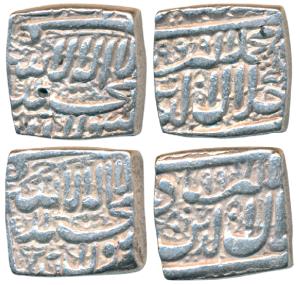 Akbar, Silver Square Rupee, Ahmedabad Mint, Kalima type, AH 999, an interesting symbol abo