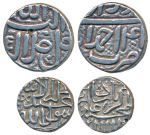 Akbar, Silver Rupee, Ahmedabad Mint; Mahmudi, Mulher Mint, the first Ilahi type (KM 72.1 &