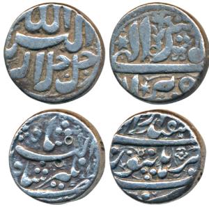 Akbar, Silver Rupee, Berar Mint, Ilahi type, Month Tir; Jahangir, Burhanpur Mint, Month Is