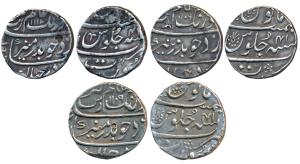 Aurangzeb, Silver Rupee, Surat Mint, AH 1109/41 and 1117/49, two with an ornate design wit