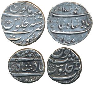 Muhammad Shah, Silver Rupee (2), Arkat Mint, AH 114X; Surat Mint, RY 2. Very Fine. (2)