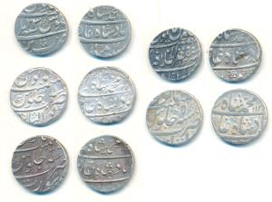 Muhammad Shah, Silver Rupee (5), Itawa Mint AH 1135/5; Surat Mint AH 1133/3; Mustaqir-al-K