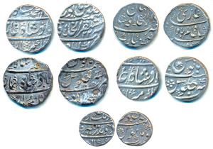 Aurangzeb, Silver ½ Rupee, 5.73g, Surat Mint, badr-i-munir type; Silver Rupee (4), Shah Al