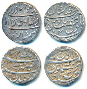 Silver Rupee (2), Auarngzeb, Dar ul-Aman Multan Mint, Mihire Munir couplet, AH 1072/4; Ahm