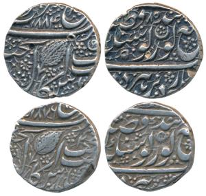 Amritsar Mint, Silver Rupee (2), Nanakshahi couplet, VS 1884/85 and 1876 (KM 22.2). Very F