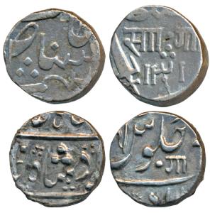 Sayaji Rao III, Silver Rupee, 11.19g, AH 1301; Anand Rao, Silver ½ Rupee, 5.74g, Ga in Nag