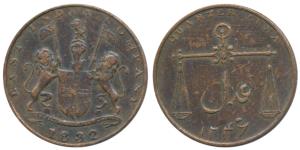 Copper ¼ Anna, 6.38g, obv. EIC arms, 1832 AD, rev. scale, AH 1246 (KM 231.1). About Very F