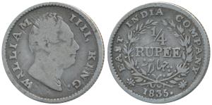 William IV, Silver ¼ Rupee, 1835. Good.