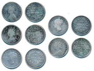 Silver 2 Annas (5), Victoria, Continuous Legend, 1841 (2); 1841, 1882, 1897. Mostly Fine, 