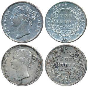 Victoria Queen, Silver Rupee (2), 1840, Divided legend. Very Fine+. (2)