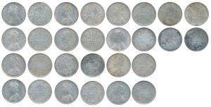 Victoria Queen and Empress, Silver Rupee (14), 1862 (4), 1878, 1879, 1888 (2), 1890, 1892,