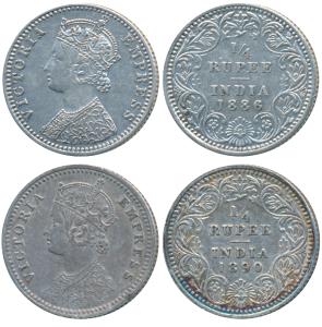 Victoria Empress, Silver ¼ Rupee (2), 1886, Bombay Mint, C / II / B raised (Prid 419); 189