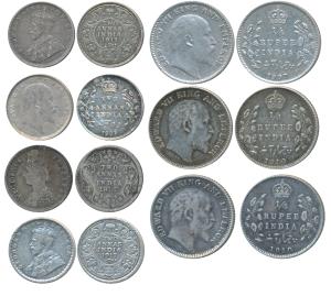 Victoria, Edward VII, George V, Silver 2 Annas, 1897; 1903; 1913; 1917; Silver ¼ Rupee, 19