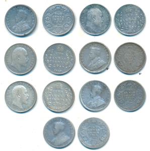 Silver 2 Annas (7), Edward 1906, 1907, 1909, George V 1912 (3), 1913. Fine to Very Fine+. 