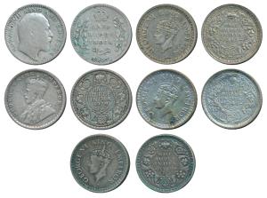 Silver ½ Rupee (5), Edward 1907, George V 1929, George VI, 1942 (2) and 1944. Fine to Very