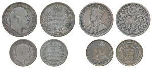 Edward and George V, Silver ½ Rupee (2), 1907 and 1917; Silver ¼ Rupee (2), 1907 and 1928.
