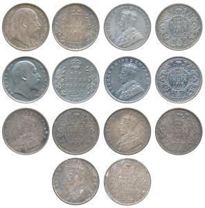 Edward VII and George V, Silver Rupee (7), 1907 1914, 1917, 1918, 1919 & 1920. Very Fine t