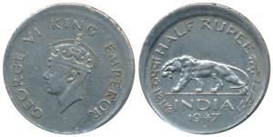 George VI, Cupro - Nickel ½ Rupee, Bombay Mint, Error, slight off-centre (Prid 865). Very 