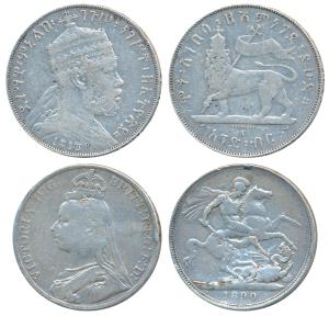 Great Britain, Victoria, Silver Crown, 27.56g, 1890; Ethopia, King Menelik II, Silver 1 Ge