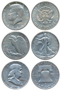 United States of America, Silver ½ Dollar (3), all different varieties, 1945, 1959 & 1964.