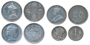 Silver (4), USA Silver Dime 1942; Bhutan ½ Rupee; Straits Settlements 20 Cents 1927; Portu