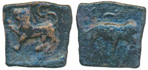 Ancient Chola, Sangam Age, Copper Square Unit, 2.56g, obv.elephant standing facing right, 