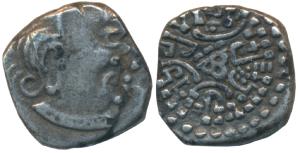 Traikutaka, Daharsena son of Indradatta, Silver Dracham, 1.76g, obv. bust of the king faci