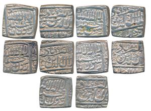 Akbar, Silver Square Rupee (5), Dar-ul-Sultanate Ahmedabad Mint, Kalima type, AH 988, 991,