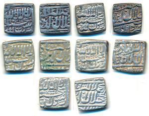 Akbar, Silver Square Rupee (5), Dar-ul-Sultanate Ahmedabad Mint, Kalima type, AH 991, 992,