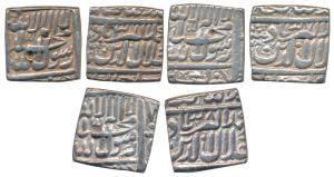 Akbar, Silver Square Rupee (3), Dar-ul-Sultanate Ahmedabad Mint (off flan), Kalima type, A