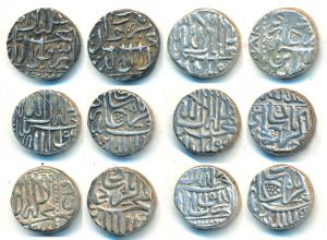 Akbar, Silver Mahmudi (6), Mulher Mint, AH 995 & 1025, with flag / dhwaja like symbol on r