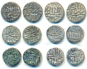 Akbar, Silver Mahmudi (6), Mulher Mint, AH 995 & 1025, with flag / dhwaja like symbol on r