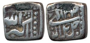 Akbar, Silver Square ½ Rupee, 5.29g, Mint less and Month less, Ilahi type, Year 33, (KM 63