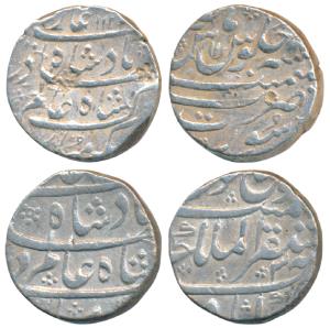 Shah Alam Bahadur, Silver Rupee (2), Mustaqir al-Mulk Akbarabad Mint, RY 3; Surat Mint, AH