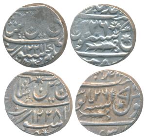 Muhammadabad Banaras Mint, Silver Rupee (2), AH 1221 and 1228, fish below frozen RY 26 wit
