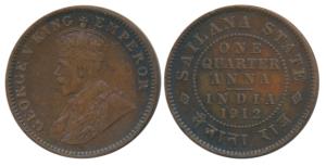 Jaswant Singh (1890-1918 AD), Copper ¼ Anna, 4.6g, George V, 1912, (KM 16).Very Fine+.