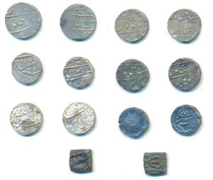 Silver Rupee (6), Awadh, Najibabad Mint, katar on rev.; Indore, Shivaji Rao; Jaisalmer, Ra
