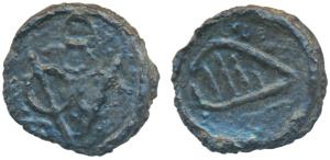 Cochin, Tin Bazaruk, obv. 8 VOC, rev. a pear shaped oval shield with oblique decoration (K