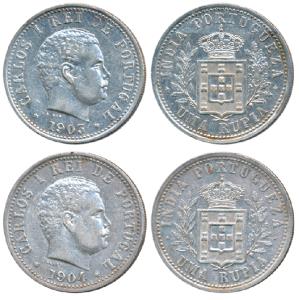 Goa, Carlos I, Silver Uma Rupia / Rupee (2), 1903 and 1904 (KM 17).The first About Uncircu